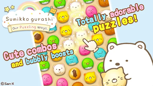 Sumikko gurashi characters and colorful match-four puzzles
